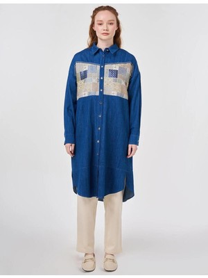 Kayra Kadın %100 Pamuklu Gömlek Yaka Düğme Kapamalı Jakarlı Denim Uzun Tunik