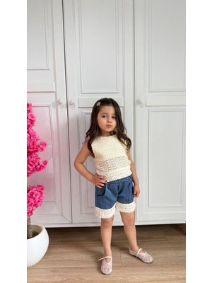 Butik Kız Çocuk Örme Detaylı Kot Şortlu 2'li Takım