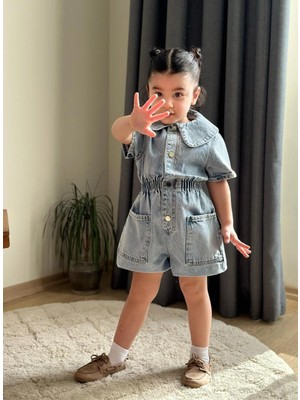 Butik Kız Çocuk Yaka Taş Işlemeli Kot Tulum