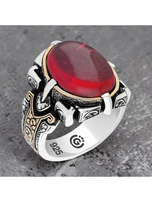 Takılingo 925 Ayar Gümüş Kırmızı Kehribar Taşlı Erkek Yüzük