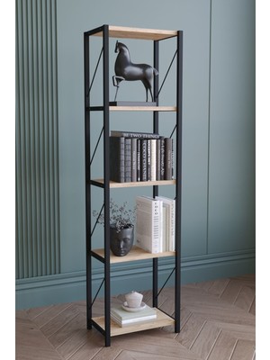 The Violett 5 Raflı Metal Dar Kitaplık Suntalam Malzeme 30X10 cm Meşe Renk Modern Tasarım