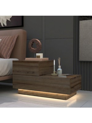 İnarch Dizayn Kayra KMD002 LED Işıklı Komodin – 2 Çekmeceli Modern Tasarım, Antik Ceviz