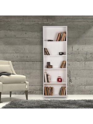The Violett Pınar Beyaz 5 Raflı Kitaplık Modern Tasarım Suntalam Malzeme 169 cm Yükseklik
