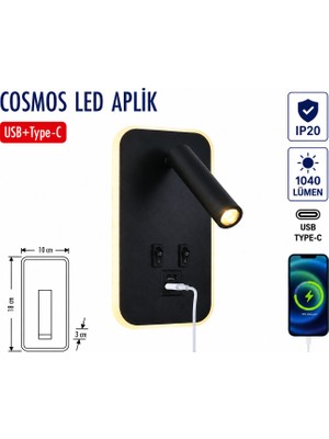 Lampist 13W Siyah Yatak Başı Usb/type-C Dekoratif Yatak Başı Okuma Lambası