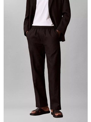 Calvin Klein Erkek Rahat Kesim Keten ve Pamuk Karışımlı Beli Lastikli Düz Paça Siyah Pantolon LV04LF619G-UB1