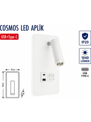 Lampist 13W Beyaz Yatak Başı Usb/type-C Dekoratif Yatak Başı Okuma Lambası
