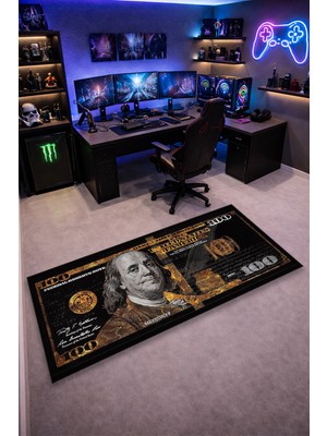 100 Dolar Kaymaz Taban Makinede Yıkanabilir Gaming Para Desenli Oyuncu Gamer Genç Odası Halısı