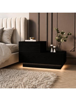 İnarch Dizayn Kayra KMD002 LED Işıklı Komodin – 2 Çekmeceli Modern Tasarım, Ahşap siyah