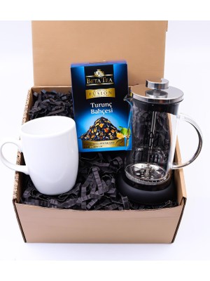 vegahediye v vega Tea Time French Press & Beyaz Kupa & Beta Tea Siyah ve Meyve Çayı  Hediye Seti (Model 1)