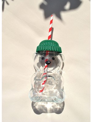 Qualitev 1 Adet Barista Cam Bardak Soğuk Içecek Pipetli Bardağı 550 ml Ted Bear Ayıcıklı Bardak