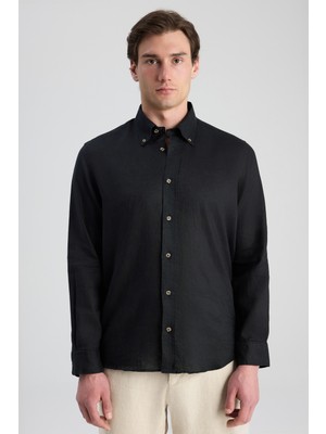 D'S Damat Ds Damat Comfort Siyah Düz %100 Keten Gömlek