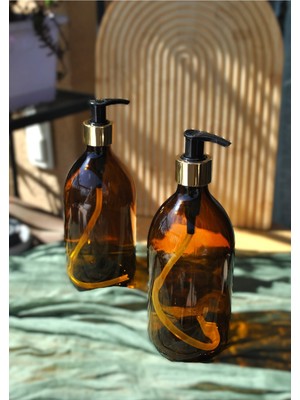 Qualitev 2\'li Amber Cam Sıvı Sabunluk 500 ml Gold Kapaklı | Tezgah Üstü Banyo Mutfak Duş Jeli ve Şampuan Şişe Seti