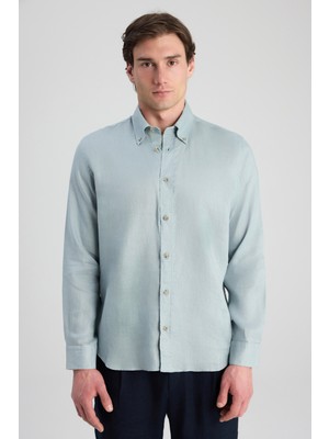 D'S Damat Ds Damat Comfort Mint Düz %100 Keten Gömlek