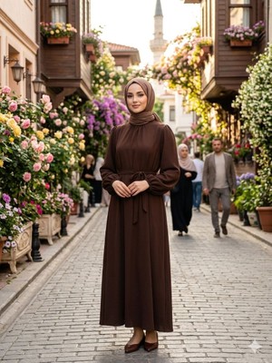 Zerogaprise Kadın Beli Kuşaklı Boydan Tesettür Elbise