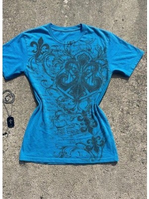 Moonstyle Collection Mavi Fleur-De-Lis Gotik Y2K Kısa Kollu Bluz