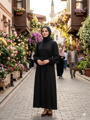 Zerogaprise Kadın Beli Kuşaklı Boydan Tesettür Elbise