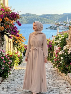 Zerogaprise Kadın Beli Kuşaklı Boydan Tesettür Elbise