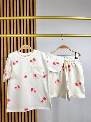 Magu Kız Çocuk Ekru Kiraz Desenli Tişört Şort Takım