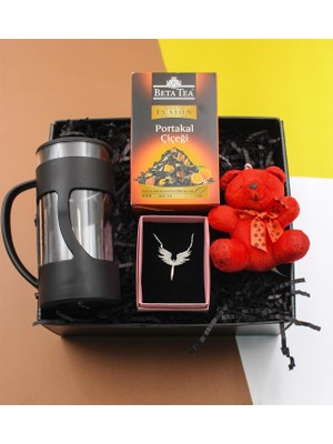 vegahediye v vega French Press & Portakal Çiçeği Çayı & Peluş Ayıcık Anahtarlık & Mikail Melek Kolye Hediye Seti