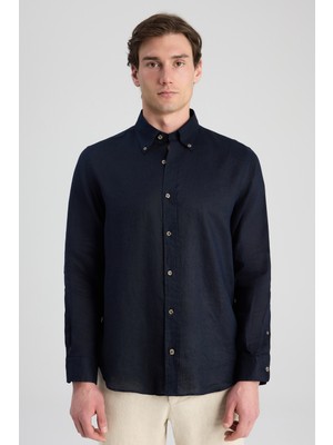 D'S Damat Ds Damat Comfort Lacivert Düz %100 Keten Gömlek