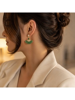 Livaz Accessories Kadın Çelik Kararmaz Yeşil Yelpaze  Küpe