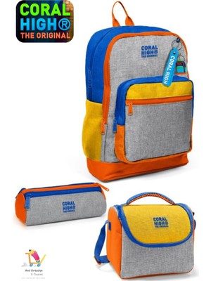 Coral High Kids Gri Turuncu Renkli Dört Bölmeli Okul Sırt Çantası,beslenme Çantası,kalem Çantası Set