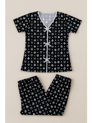 Bnchic Kadın Siyah Beyaz Kalp Desenli Fiyonklu Kısa Kollu Pijama Takımı