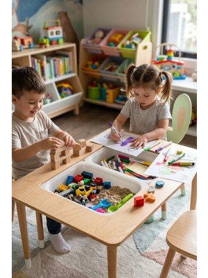 Palmera Natura Çift Hazneli Ahşap Çocuk Aktivite ve Çalışma Masası - 60X80 cm Montessori Oyun Alanı