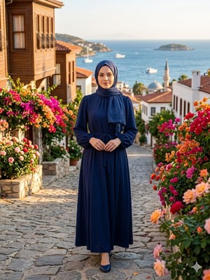 Zerogaprise Kadın Beli Kuşaklı Boydan Tesettür Elbise