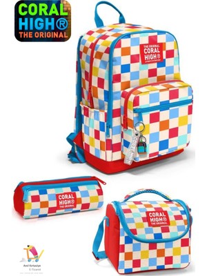 Coral High Kids Çok Renkli Dama Desenli Okul Sırt Çantası ,beslenme Çantası,kalem Çantası Set