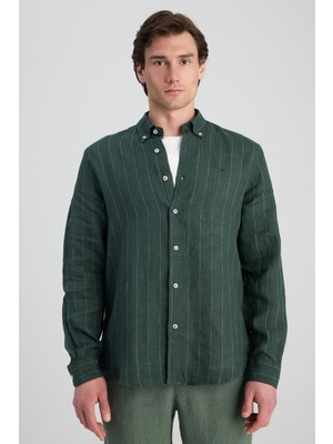 D'S Damat Yeşil Çizgili Gömlek Erkek Modern Stil L Beden Bisiklet Yaka Günlük Kullanım