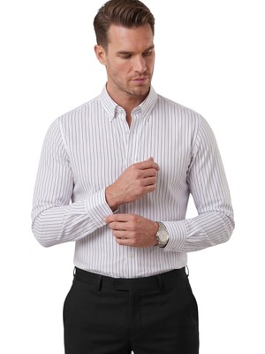 Rizzup Beyaz Slim Fit Çizgili Kolay Ütülenebilir Erkek Gömlek – Modern Şık Yeni Sezon Gömlek 2602001
