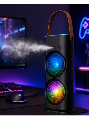 Derin Stok Rgb Işıklı Spreyli Masa Fanı Çift Motorlu Güçlü Üflemeli Taşınabilir Fan