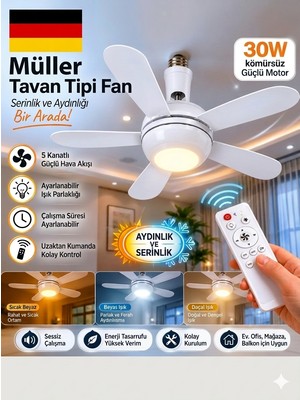 Pro Müller 30W Tavan Tipi Fan İç Mekan Kullanımı için 5 Kanatlı Sessiz Motor ve Ayarlanabilir Aydınlatma
