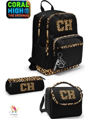 Coral High Siyah Leopar Ch Harf Desenli 4 Gözlü Okul Sırt Çantası , Thermo Beslenme Çantası,kalemlik Set