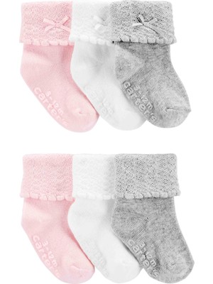 Carter's Kız Bebek Çorap 6'lı Paket Yumuşak Pamuk Karışımı Fiyonklu Kaymaz Taban 1H568210