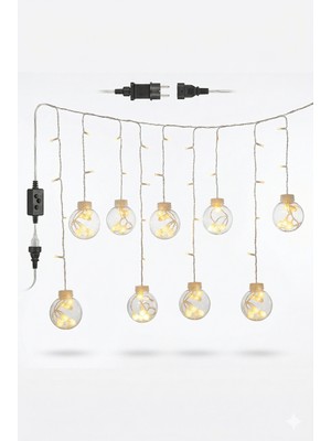 Aycer 3 Metre 10 Toplu Perde LED Işık - Gün Işığı Şeffaf Dekoratif Aydınlatma - 8 Fonksiyonlu LED