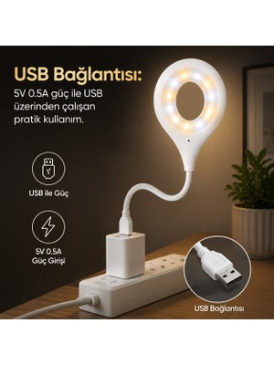 CoverZone USB Sesli Kontrol Gece Lambası, 3 Aydınlatma Seçeneği - Beyaz, Yumuşak ve Dikromatik Işık, USB Bağlantılı, 5V 0.5A, 6000-7000K, Sesle Açma/kapama, Işık Ayarı Yapılabilir | L70