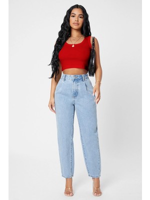 Bnchic Kadın Kırmızı Kare Yaka Crop Top Bluz