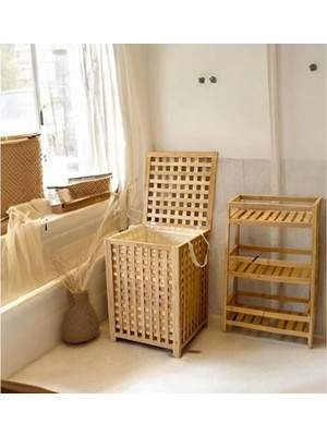 Büyük Boy Ahşap Bambu Kirli Sepeti 45X45X62  Midastech