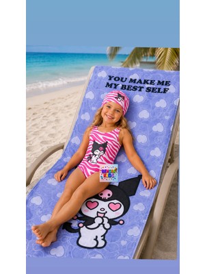 Bemora Kids Çocuk Mayo Kuromi Mayo Bone Plaj Giyim + Kuromi Plaj Havlusu Büyük Boy Havlu 2 Li Set