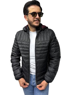 Brango Erkek Kapitone Çizgili Desenli Kapüşonlu Slim Fit Şişme Casual Mont
