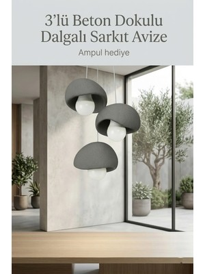 Buyolog 3'lü Beton Dokulu Dalgalı Sarkık Avize  30X22 cm | Toz Tutmaz Pla Malzeme (Ampul Hediyelidir)