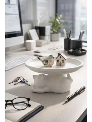 Buyolog Dekoratif Beyaz Kedi Figürlü Takı, Sunumluk, Tatlı Tabağı, Masaüstü 17 cm Çap Organizer, Mumluk 14 x 14 cm