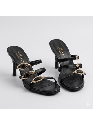Kindep (Inna) Toka Detaylı 3 Biye Topuklu Kadın Terlik Siyah