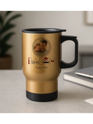 Bk Gift Kişiye Özel Fotoğraflı Babalar Günü Tasarımlı Kulplu Gold Çelik Bardak Termos Mug 450ML-1, Babalar Günü Hediye, Babaya Hediye