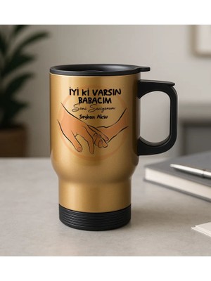 Bk Gift Kişiye Özel Babalar Günü Tasarımlı Kulplu Gold Çelik Bardak Termos Mug 450ML-8, Babalar Günü Hediye, Babaya Hediye