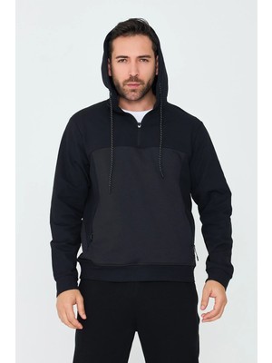 White Stone Siyah Kapüşonlu Yarım Fermuarlı Yandan Cepli Erkek Sweatshirt