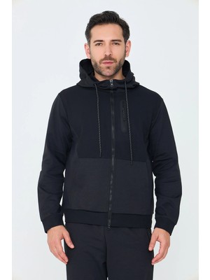White Stone Siyah Kapüşonlu Fermuarlı Erkek Sweatshirt