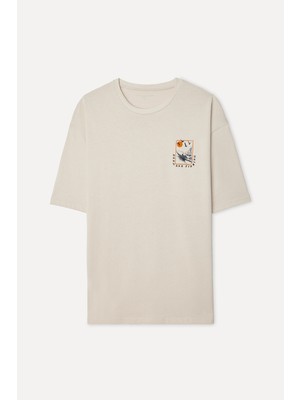 Mudo Erkek Taş Rengi Baskılı Oversize Bisiklet Yaka T-Shirt